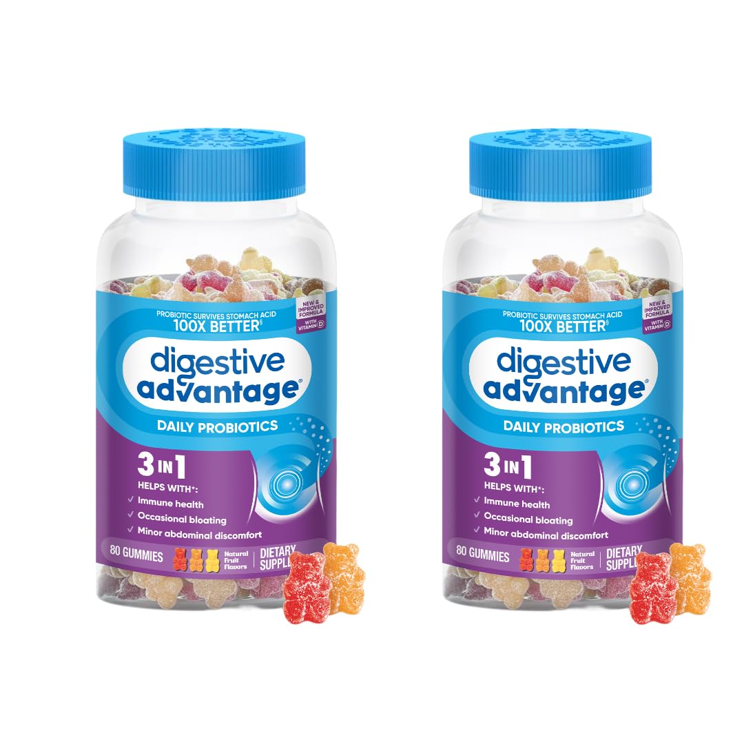 Digestive Advantage gommes saveur fruits naturels en bouteille, soutien digestif quotidien.