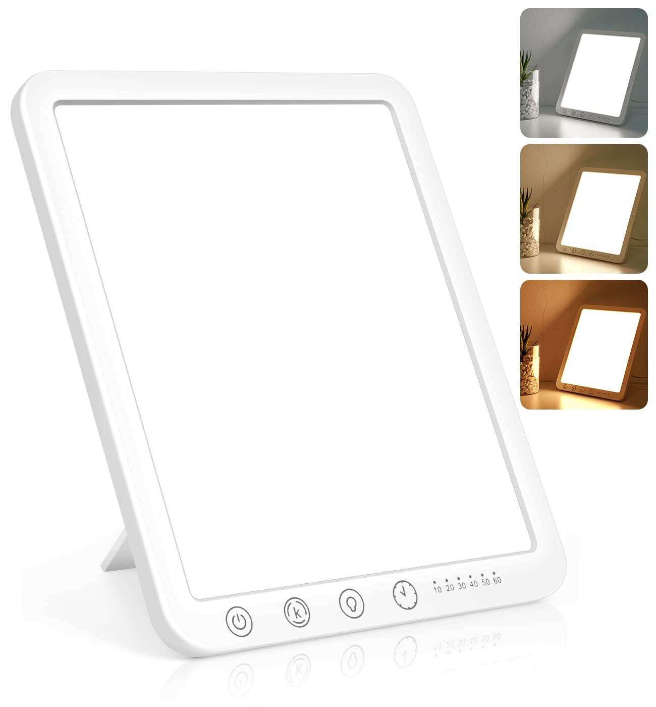 Lampe DIKAKO thérapie, lumière à 15000 lx sur bureau, éclairage efficace même par ciel nuageux.