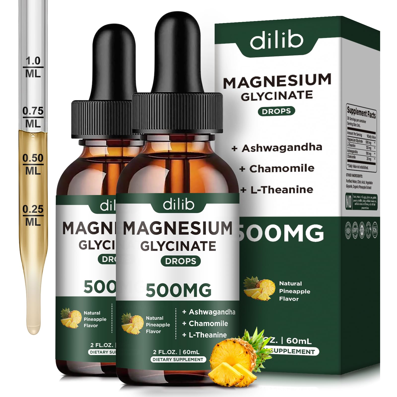 dilib glycinate gouttes ananas bouteille montre l'emballage et absorption rapide