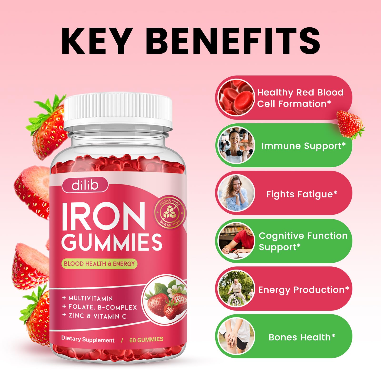 Ingrédients clés Dilib – nutriments essentiels soutenant l’apport quotidien en fer.