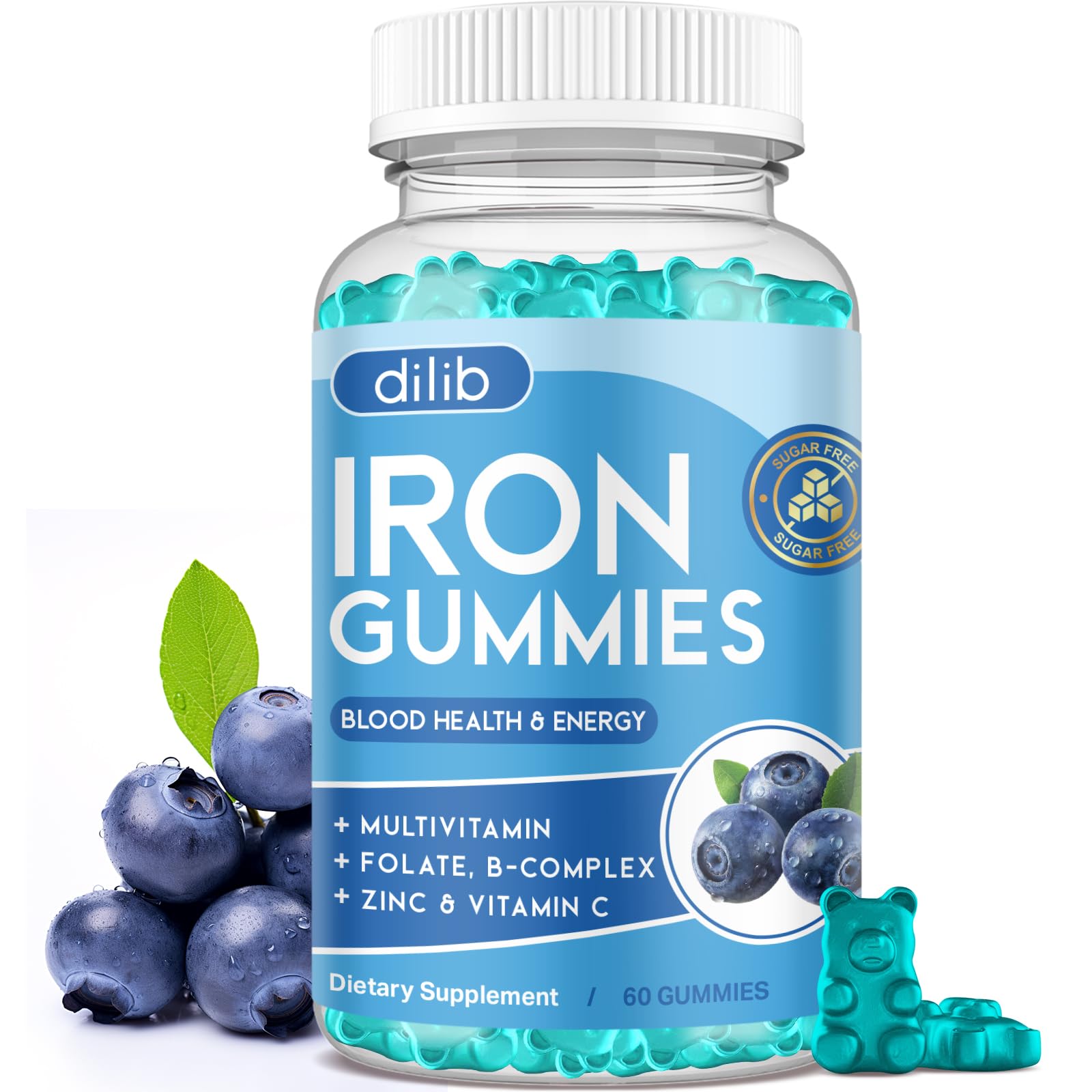 Gummies-fer dilib en bouteille au goût myrtille, soutien énergétique quotidien.