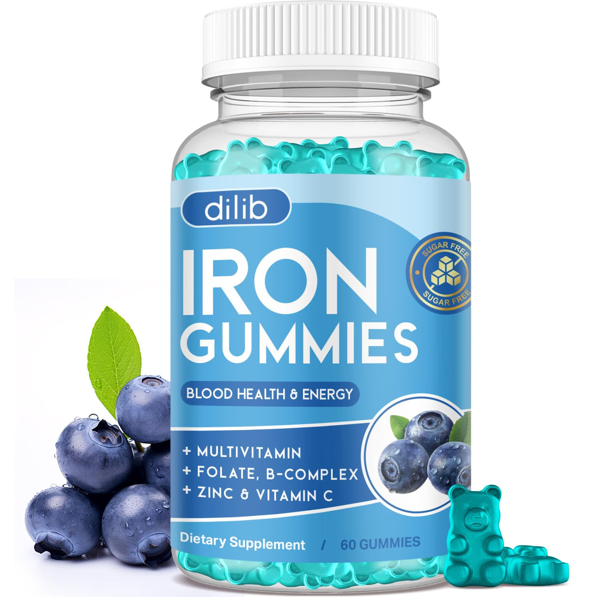 Gummies-fer dilib en bouteille au goût myrtille, soutien énergétique quotidien.