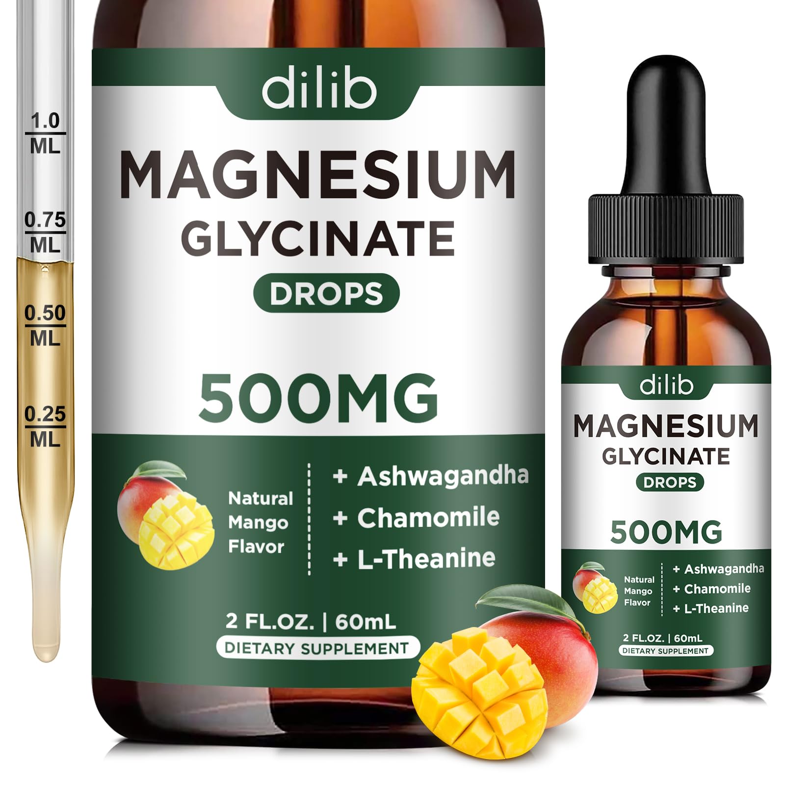 Dilib Magnésium Glycinate Gouttes Mangue – flacon pratique pour un apaisement potentiel du stress.