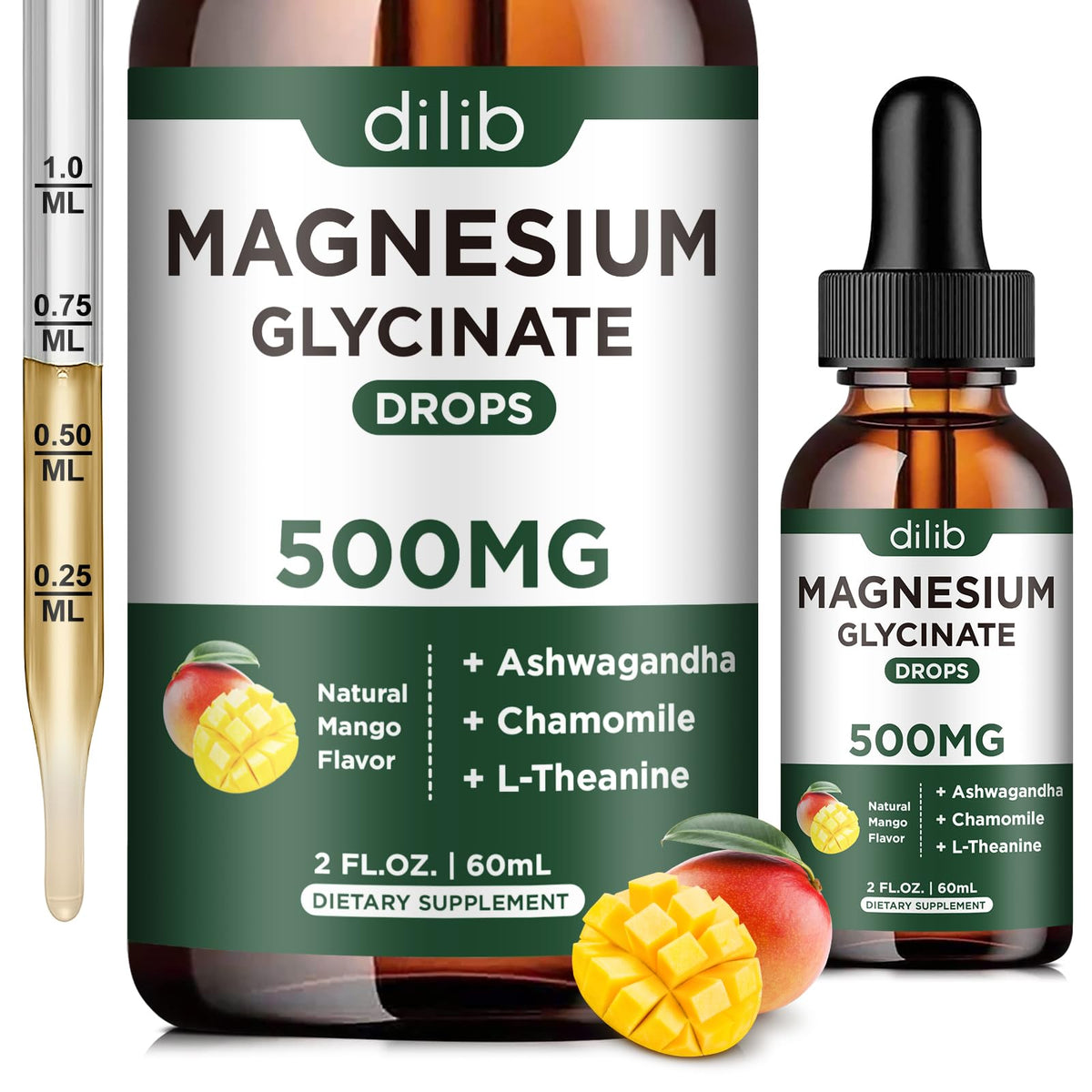Dilib Magnésium Glycinate Gouttes Mangue – flacon pratique pour un apaisement potentiel du stress.