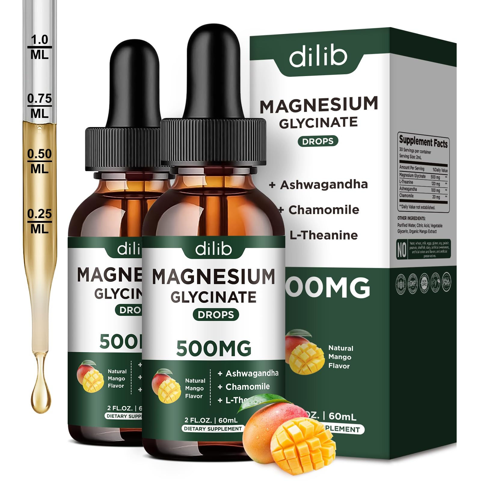 Gouttes sous-langue dilib Magnésium Glycinate pour absorption rapide.