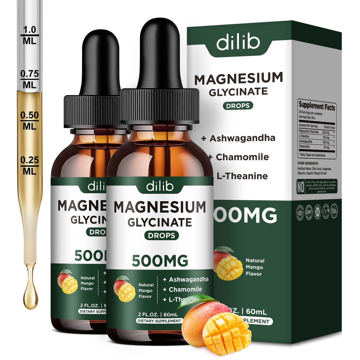 Gouttes sous-langue dilib Magnésium Glycinate pour absorption rapide.