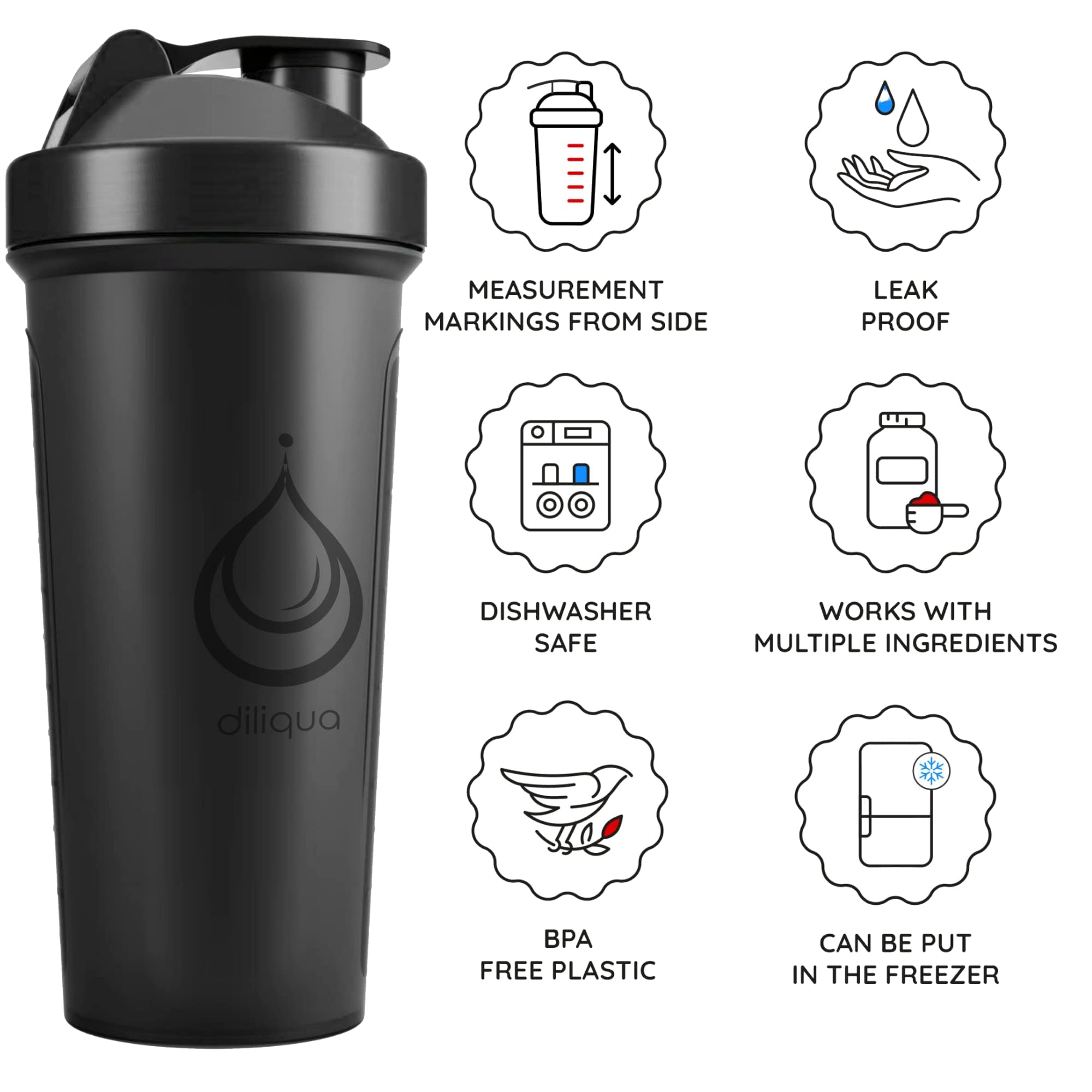 Diliqua shaker 24oz, fouet inox intégré pour des mélanges lisses.