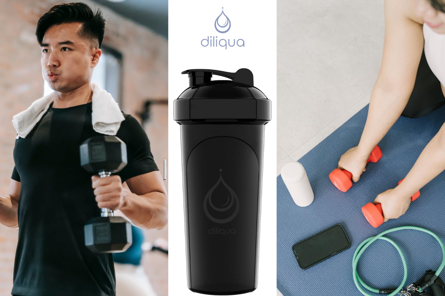 Diliqua shaker 24oz, portable et pratique pour le sac de sport.