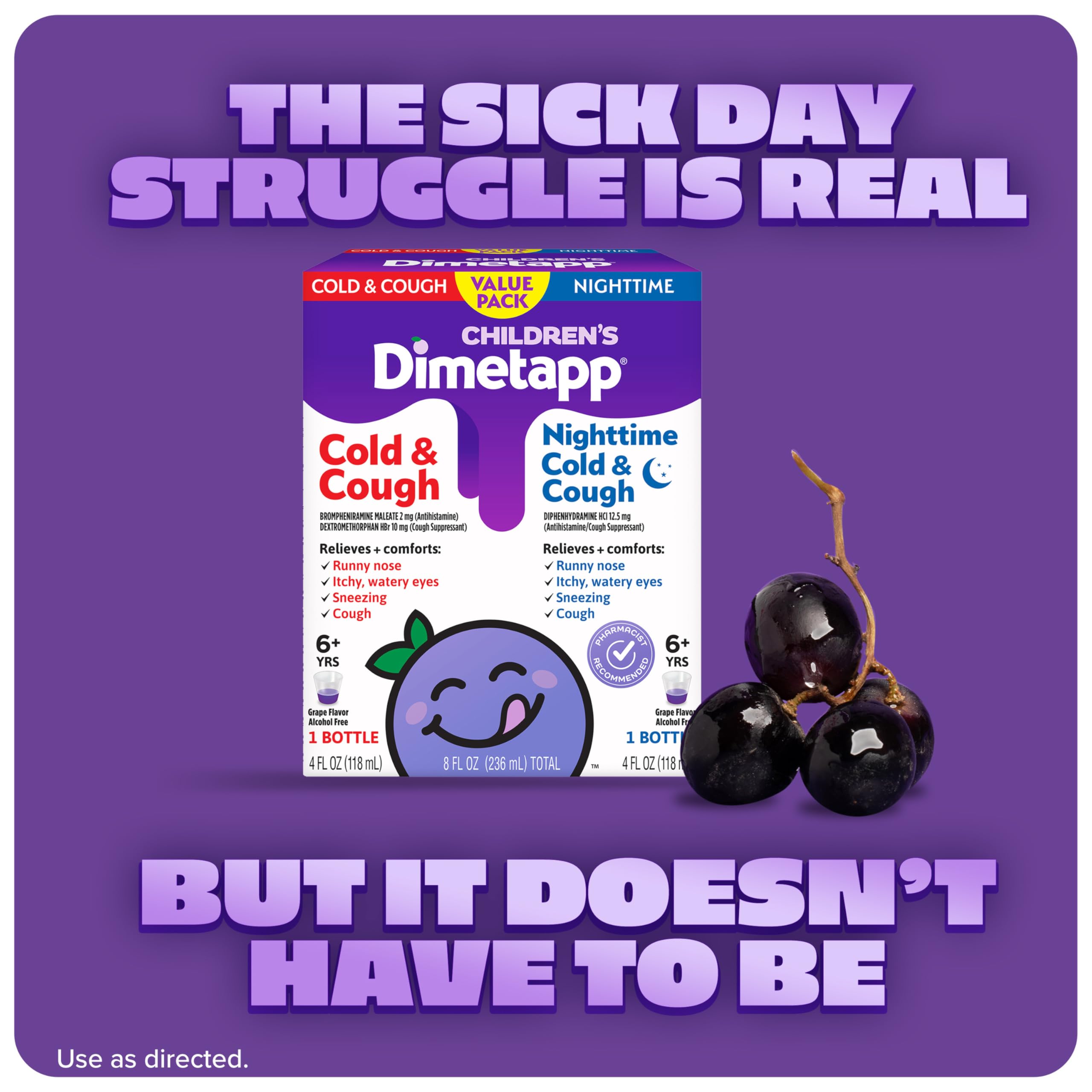 Dimetapp Enfants Bouteille Nuit – favorise un sommeil malgré la congestion.