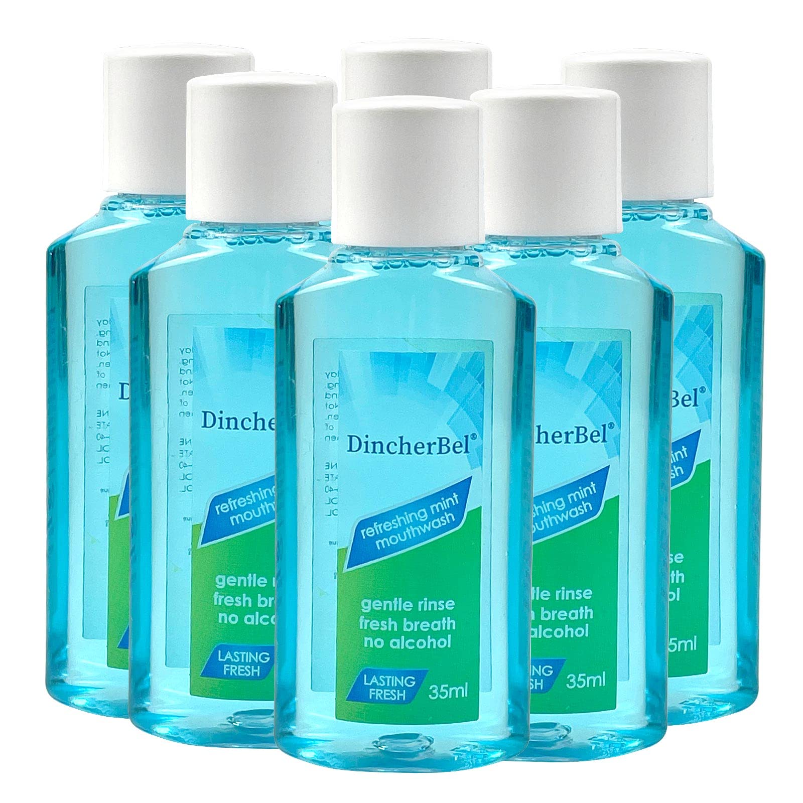 DincherBel bain de bouche portable menthe 35ml pour un rafraîchissement rapide en déplacement.