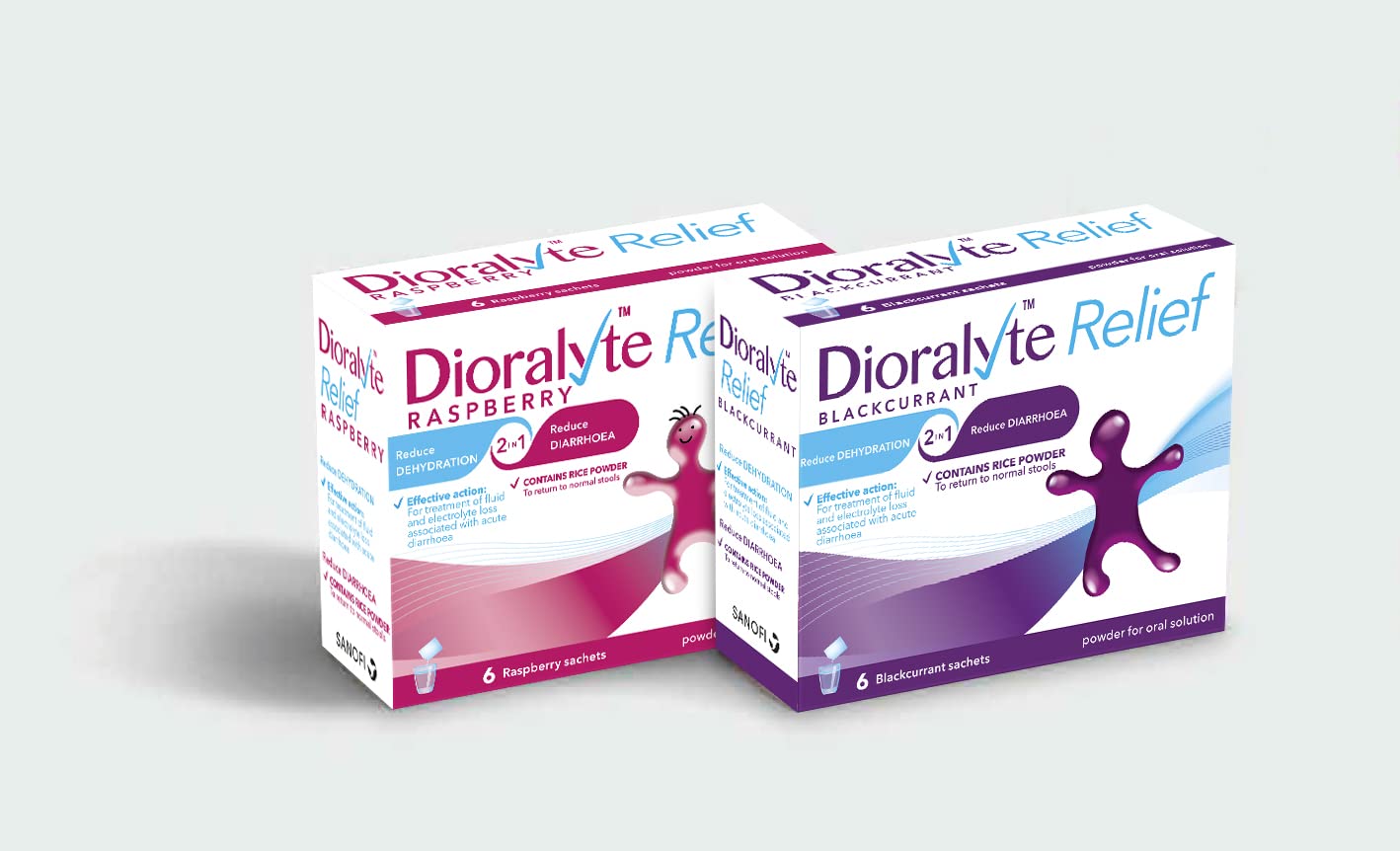 Sachets Dioralyte en préparation dans de l’eau froide pour une hydratation pratique.