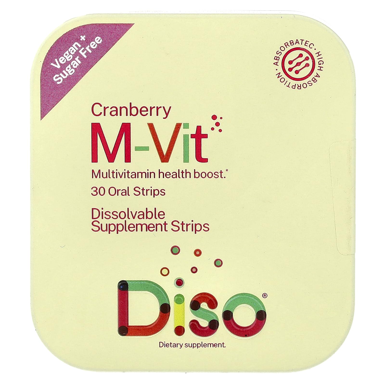Bandes dissolvantes DISO M-VIT au cranberry, faciles à prendre et rapides à assimiler.
