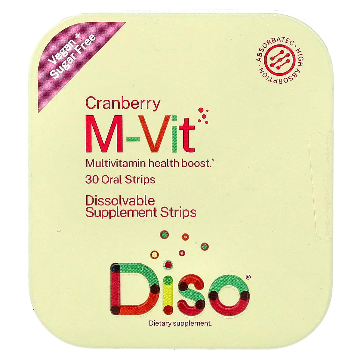 Bandes dissolvantes DISO M-VIT au cranberry, faciles à prendre et rapides à assimiler.