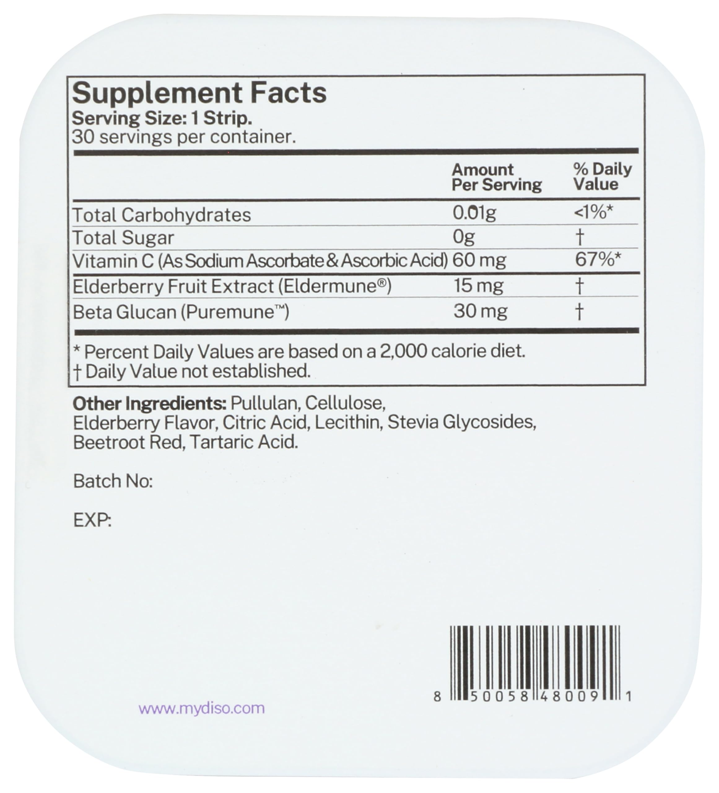 Boîte DISO vitamine C, format portable avec 30 bandes dissolvables.