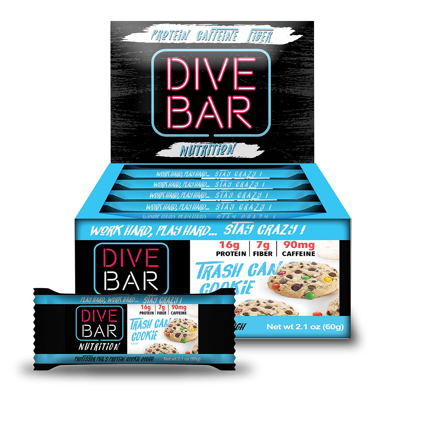 Barres protéinées caféinées Dive Bar Nutrition en gros plan, énergie durable pour votre journée.