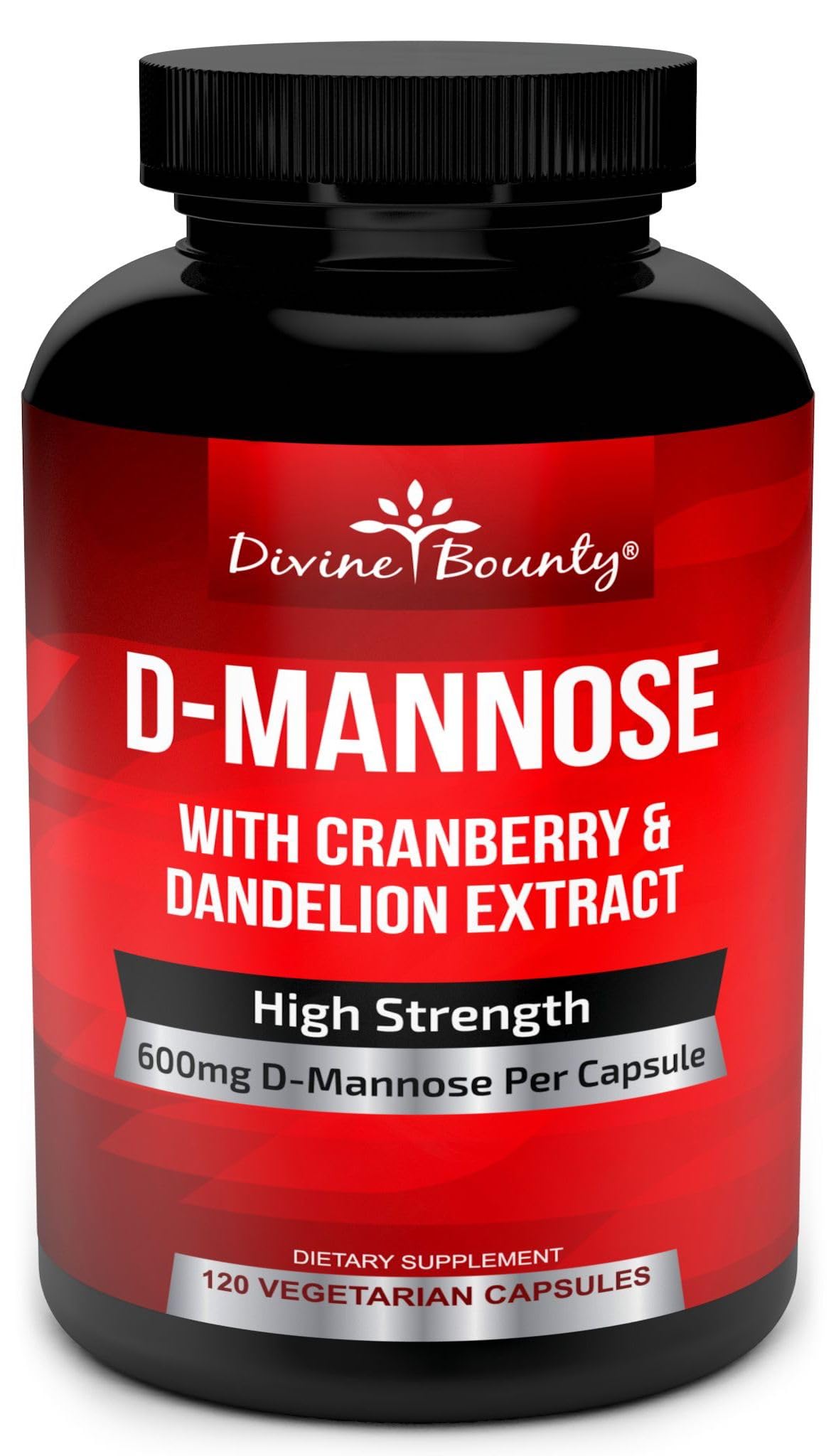 Divine Bounty D-Mannose: capsule 600 mg près de la bouteille, soutien potentiel du confort urinaire.