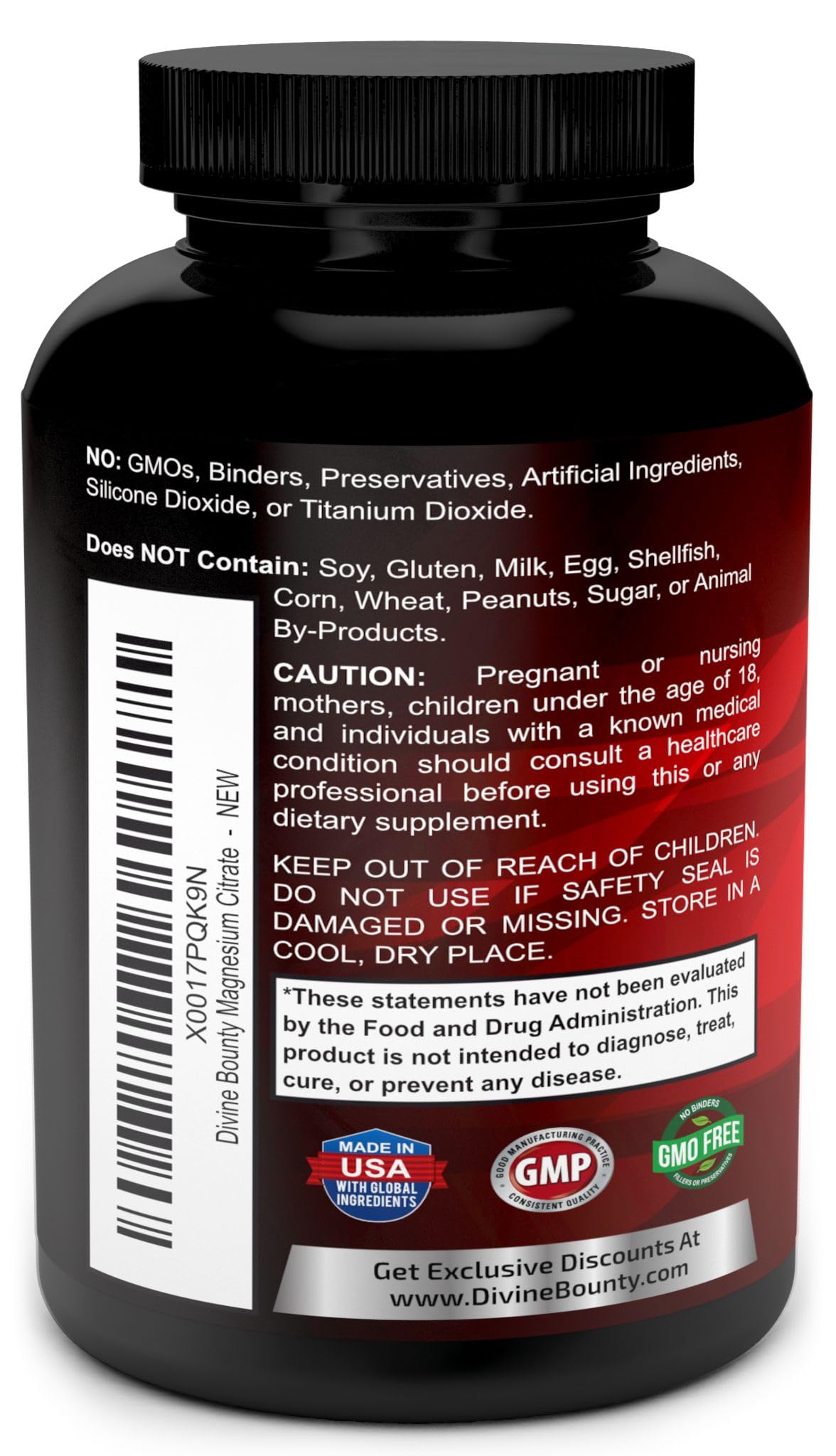Divine Bounty – étiquette sans OGM, sans soja et sans gluten.