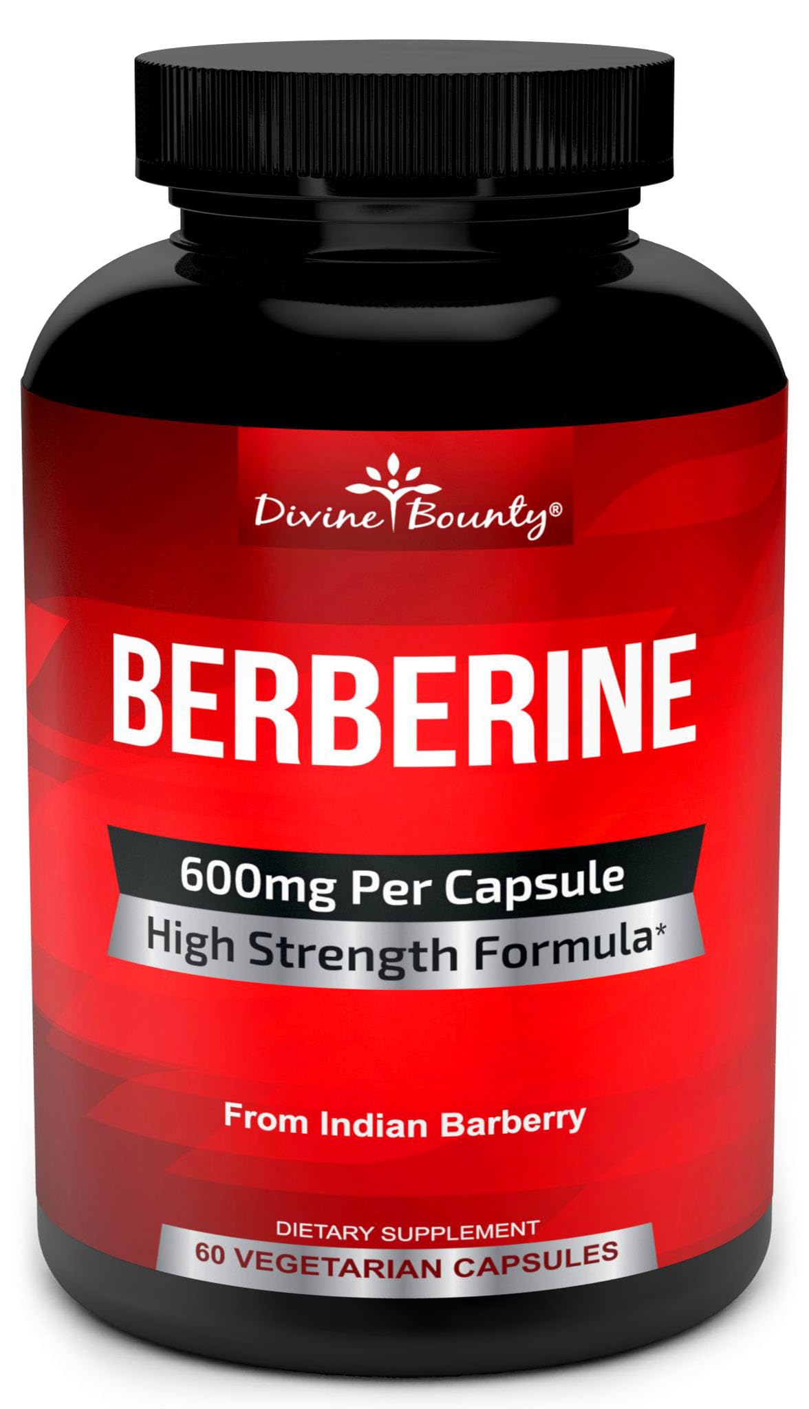 Divine Bounty Pure Berberine Complex, bouteille montrant le dosage élevé par capsule pour le soutien quotidien.