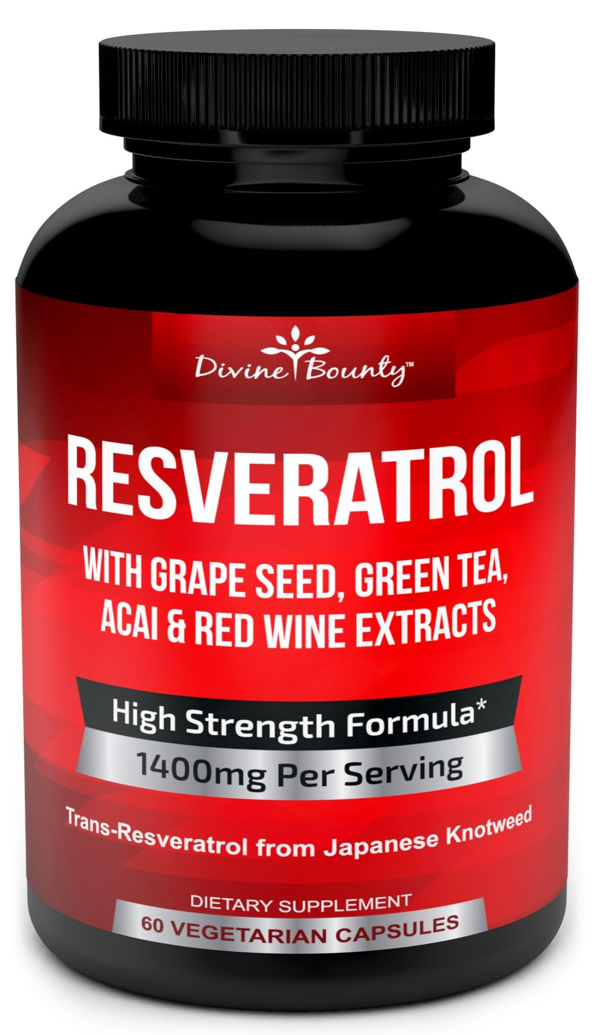Divine Bounty Résveratrol – bouteille affichant la formule 1400 mg pour votre routine bien-être.