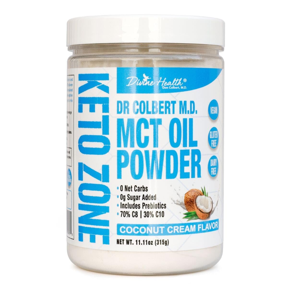 Poudre MCT Divine Health Dr Colbert vanille francaise dans pot, énergie soutenue