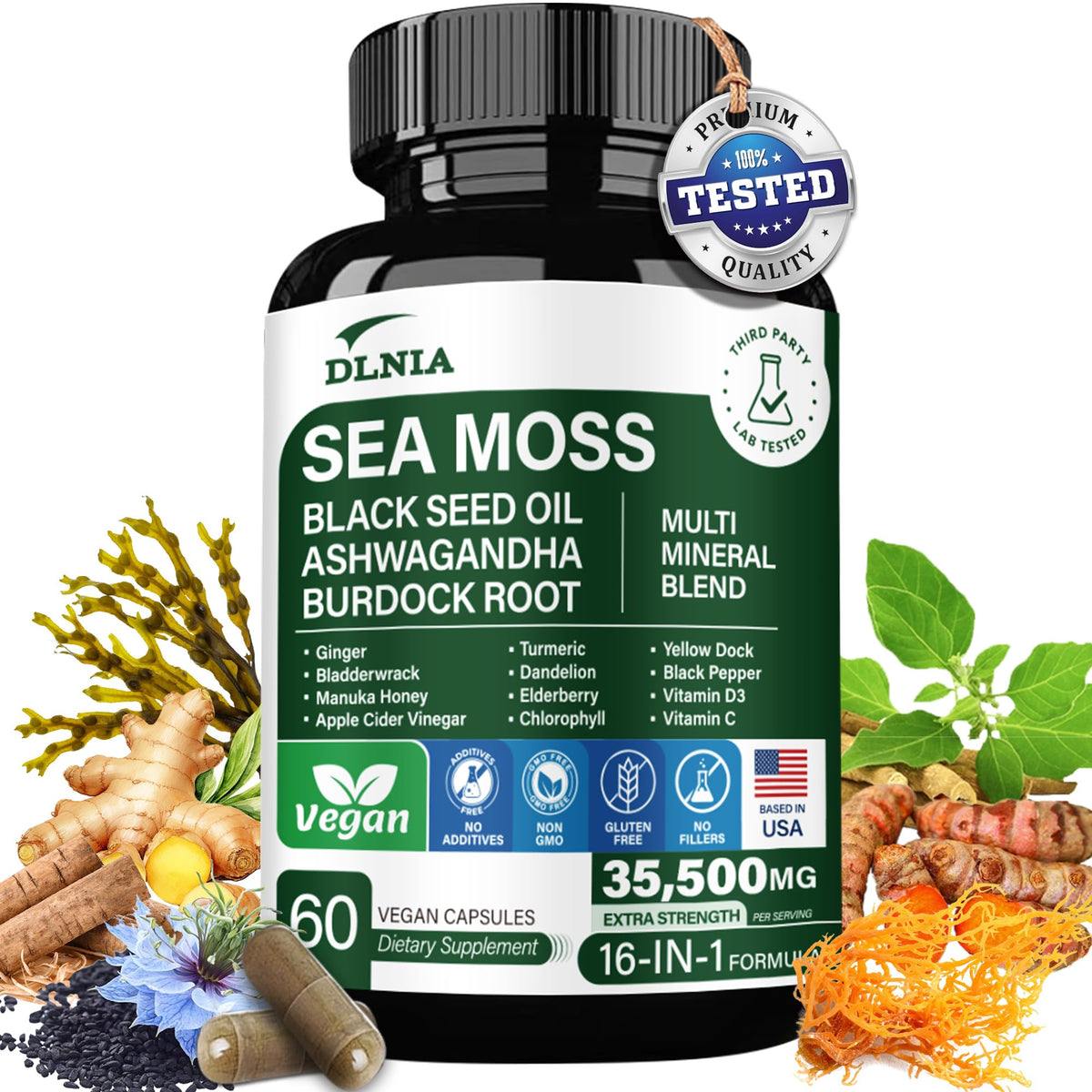 DLNIA mousse marine et ashwagandha en capsules pour énergie naturelle et vitalité.