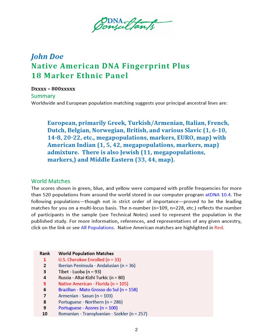 DNA Consultants: rapport genetique amerindien pour explorer les liens tribaux potentiels.