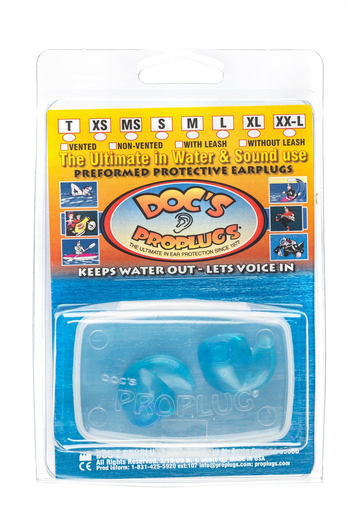 Doc’s Proplugs bleu, bouchons non ventilés, vue frontale pour natation et réduction du bruit.