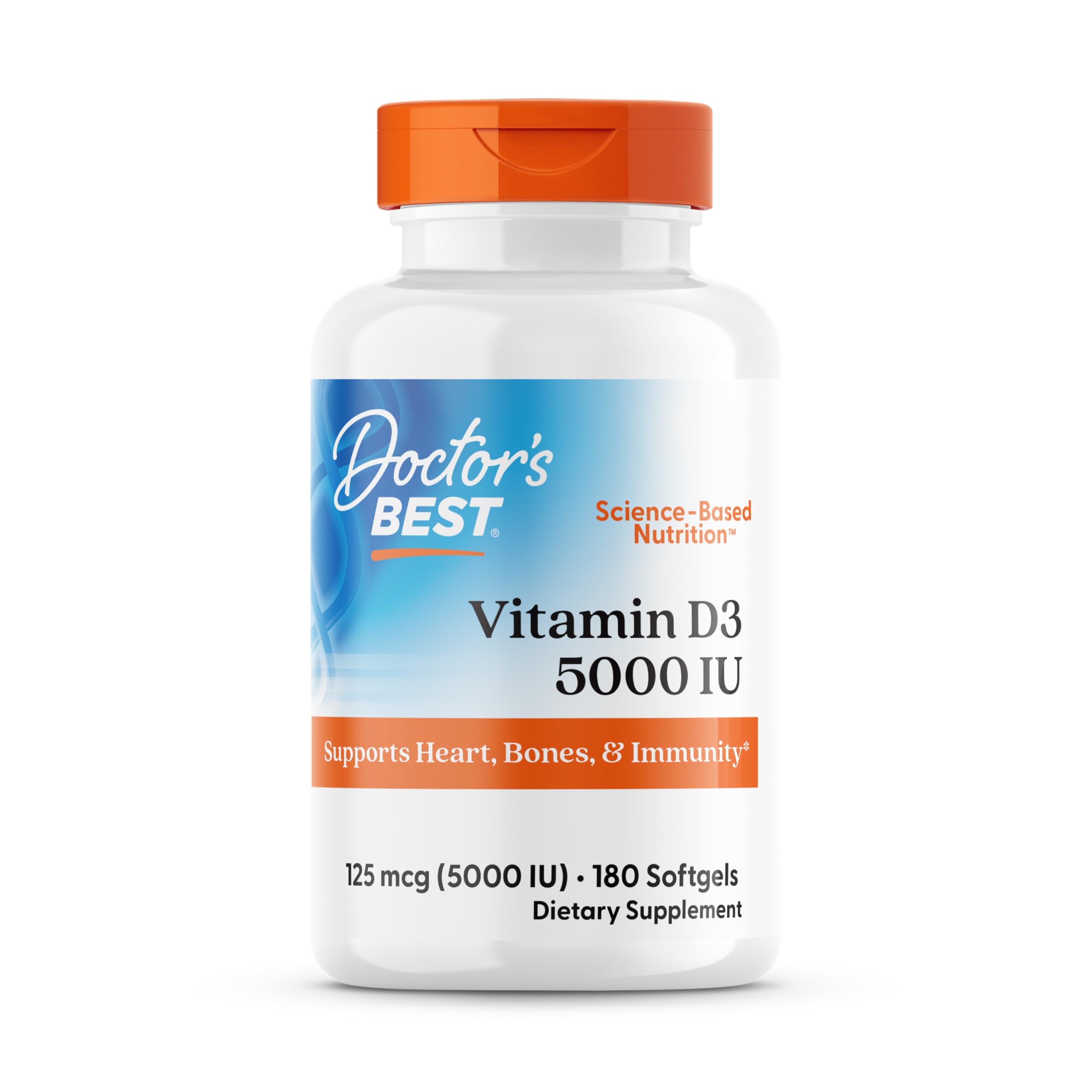 Docteurs Best Vitamin D3 bouteille 5000iu, soutien potentiel à la densité osseuse.