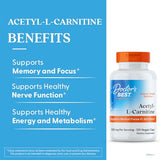 Étiquette Doctor's BEST Acétyl-L-Carnitine – informations claires sur l'utilisation et le soutien cognitif potentiel.