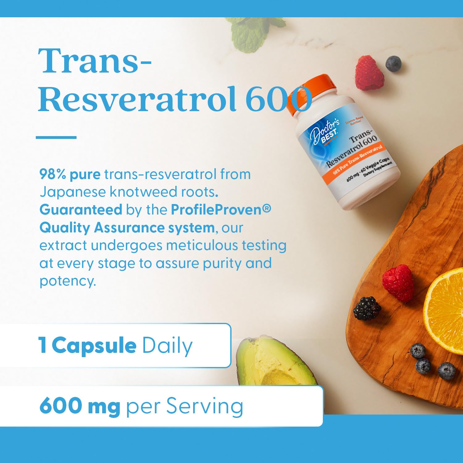Doctor's Best Trans-Resveratrol-600 boite-emballage : présentation pratique pour utilisation quotidienne.
