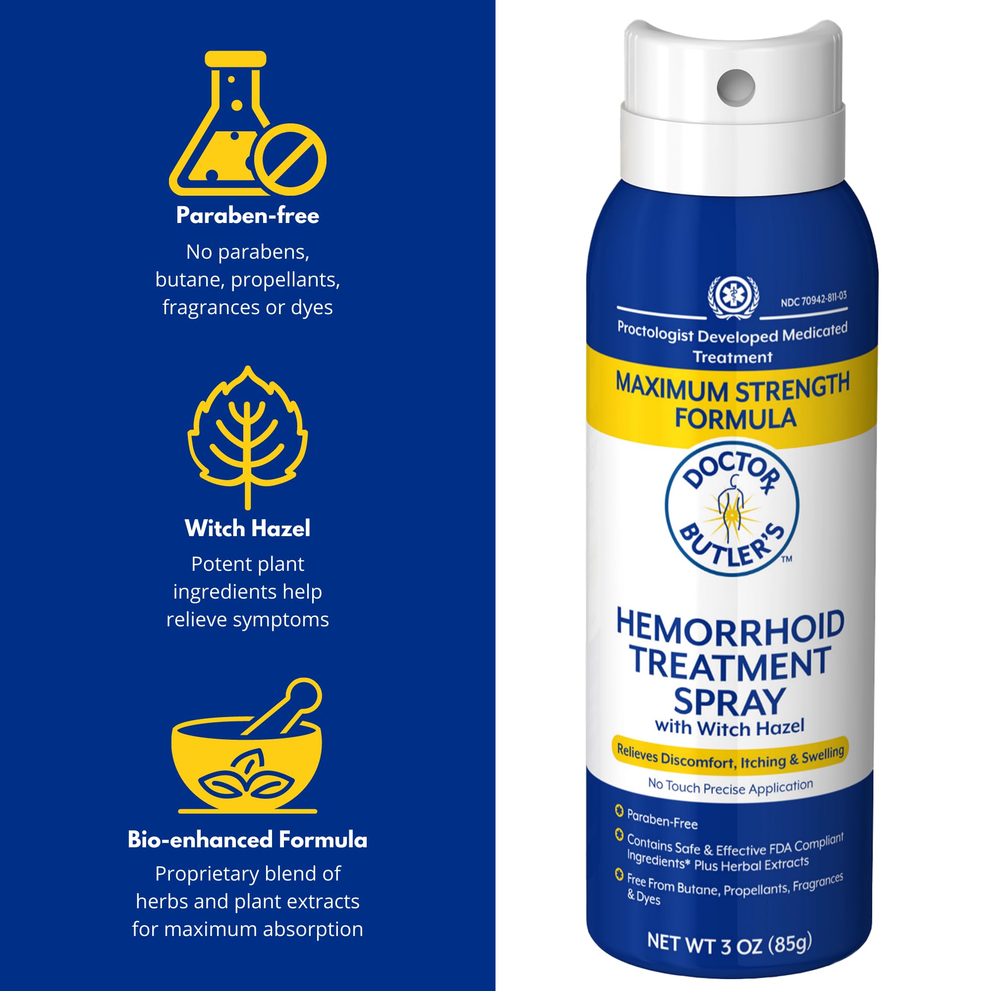 Doctor Butler's Hemorroïde Spray: application continue et couverture précise.
