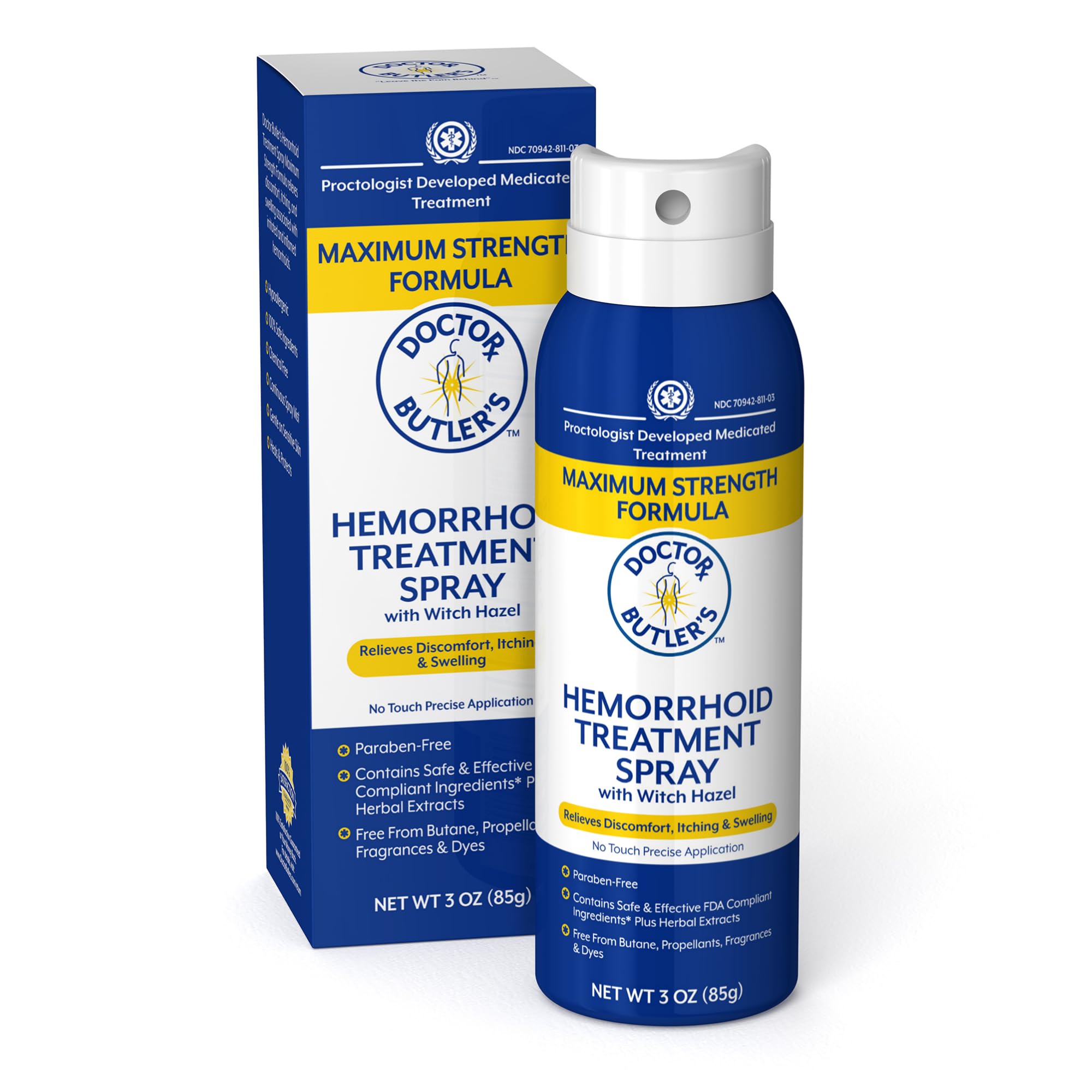 Doctor Butler's Hemorroïde Spray offre une application sans contact pour une hygiène optimale.