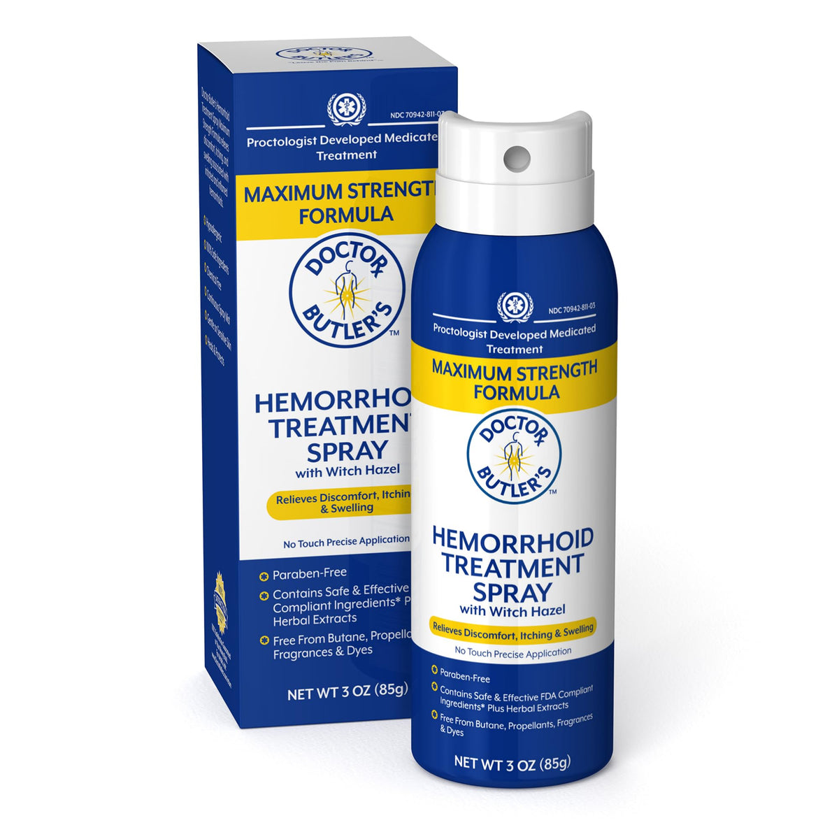Doctor Butler's Hemorroïde Spray offre une application sans contact pour une hygiène optimale.
