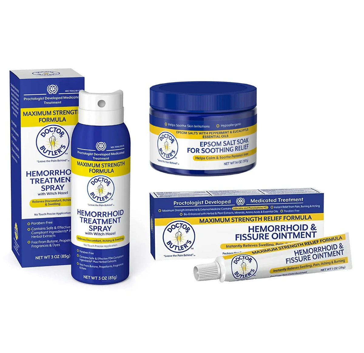 Onguent Doctor Butler’s en tube, application ciblée pour soulagement.