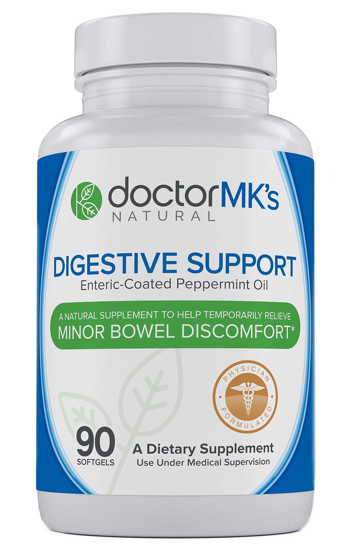 Bouteille Doctor MK's NATURAL de capsules d'huile de menthe poivrée entérique pour le confort digestif.