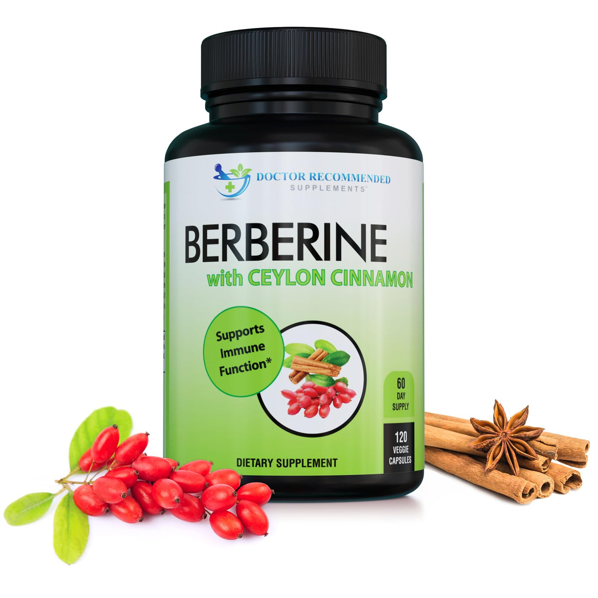 DOCTOR RECOMMENDED SUPPLEMENTS - Bouteille montrant Berberine et Cannelle pour le soutien métabolique.