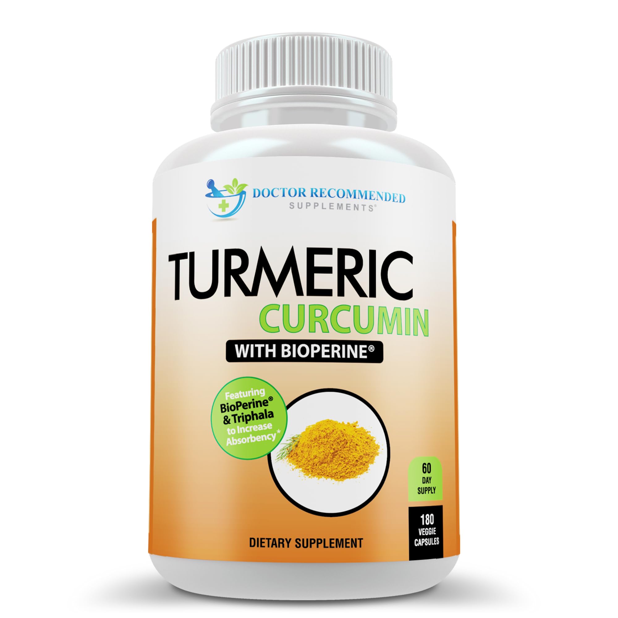Curcuma DOCTOR RECOMMENDED SUPPLEMENTS — bouteille de 180 gélules, absorption améliorée grâce au BioPerine.