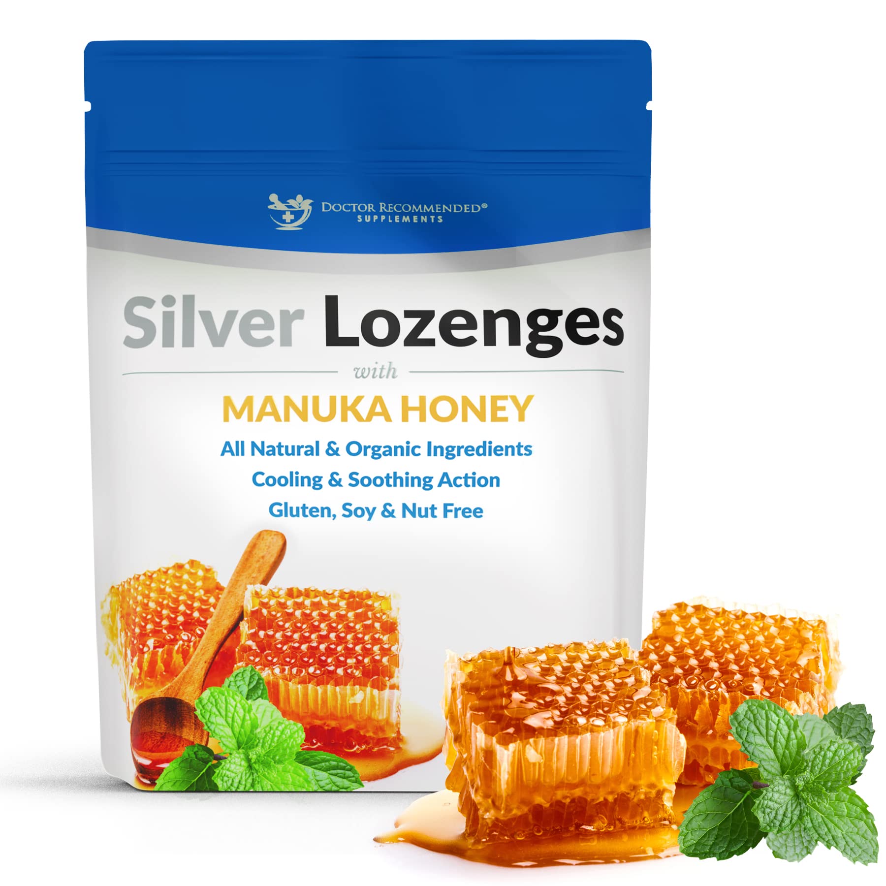 DOCTOR RECOMMENDED SUPPLEMENTS emballage des pastilles argent nano et Manuka, pratique en voyage