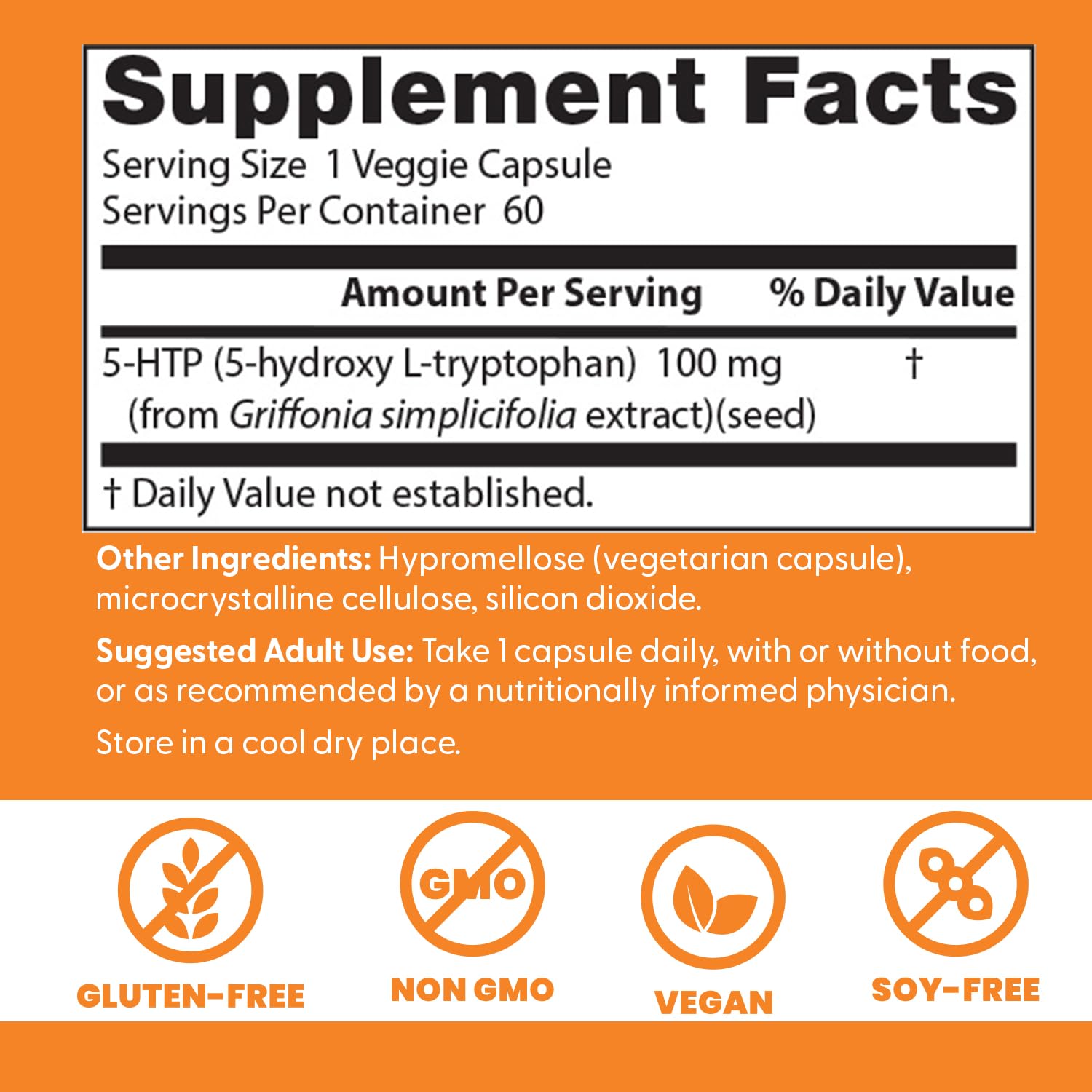 Étiquette Doctor's Best 5-HTP sur la bouteille avec informations sans gluten et sans soja
