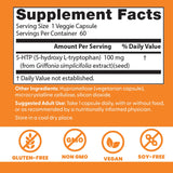 Étiquette Doctor's Best 5-HTP sur la bouteille avec informations sans gluten et sans soja