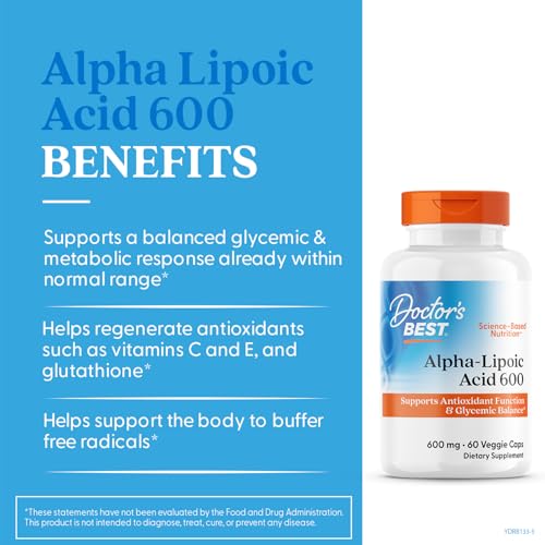 Capsules végétales Doctor's Best Acide Alpha-Lipoïque 600 mg prêt à l’emploi
