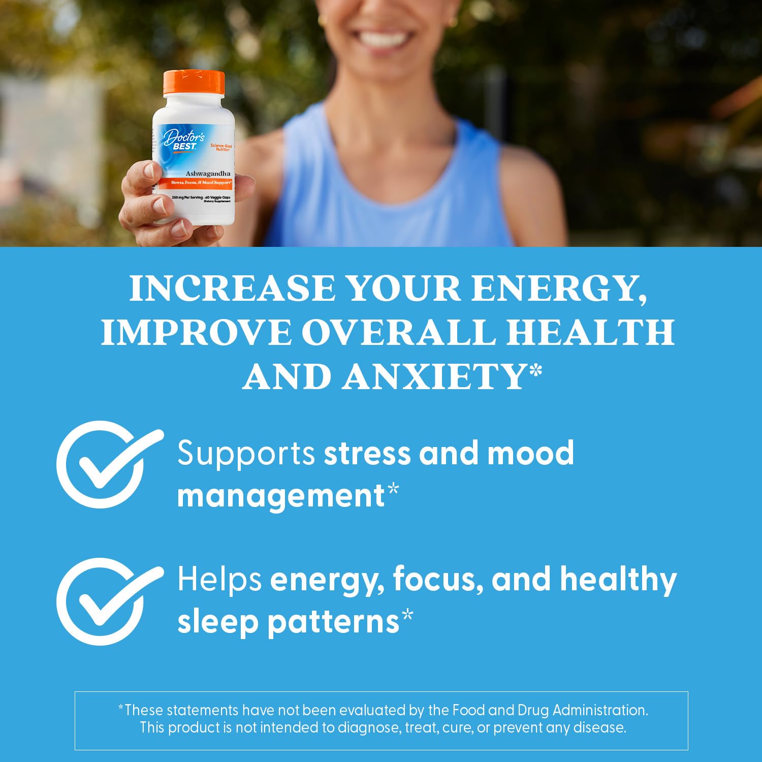 Doctor's Best Ashwagandha Sensoril — emballage vegan sans gluten ni soja.