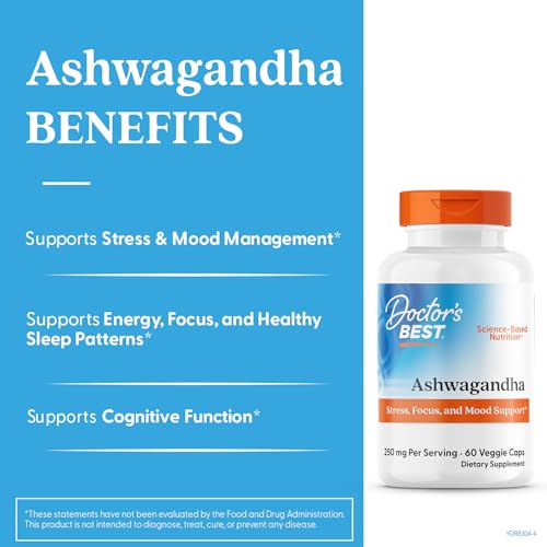 Doctor's Best Ashwagandha Sensoril — etiquette lisible et extrait standardisé pour le bien-être mental.