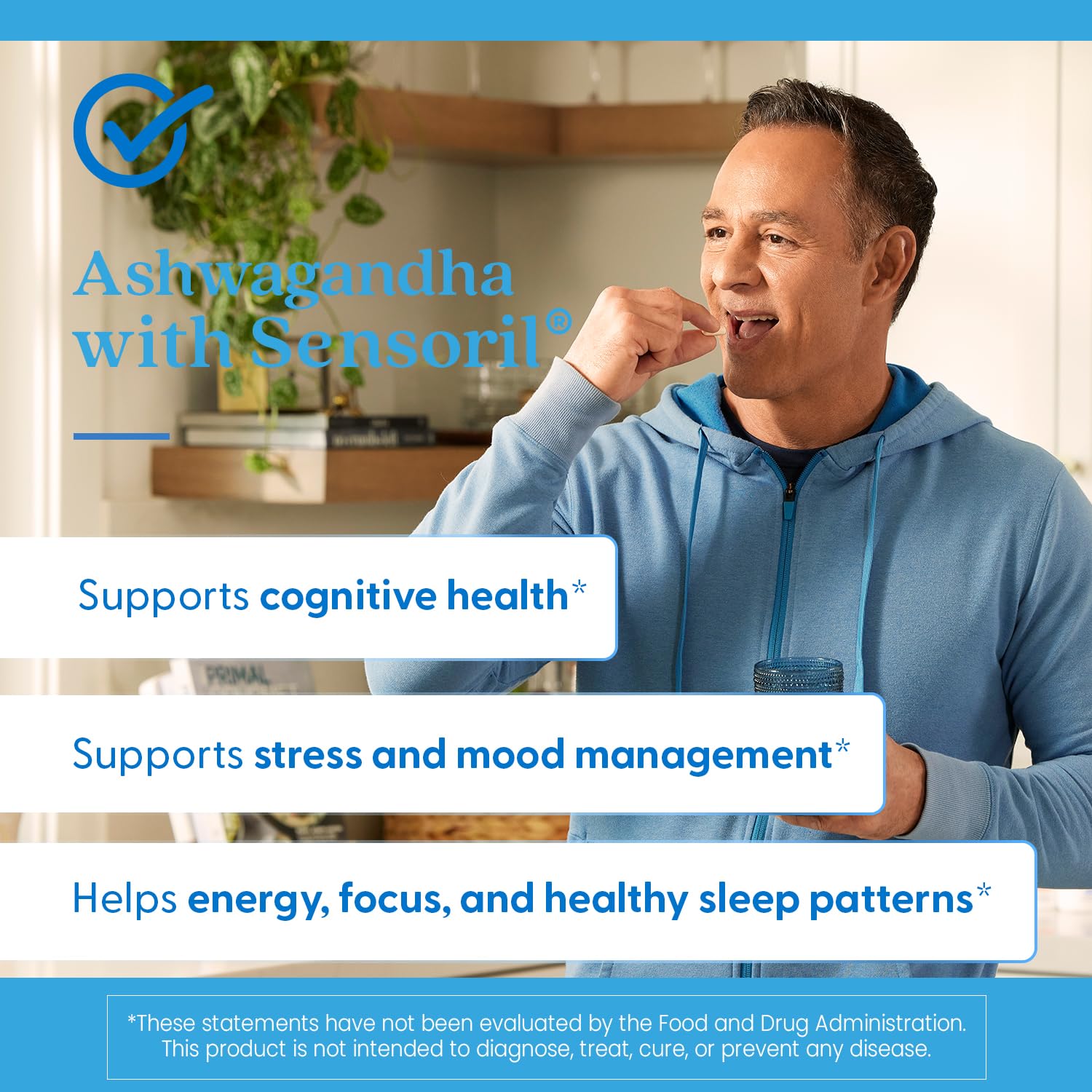 Doctor's Best Ashwagandha Sensoril — extrait racine et feuilles, soutien des composants actifs.