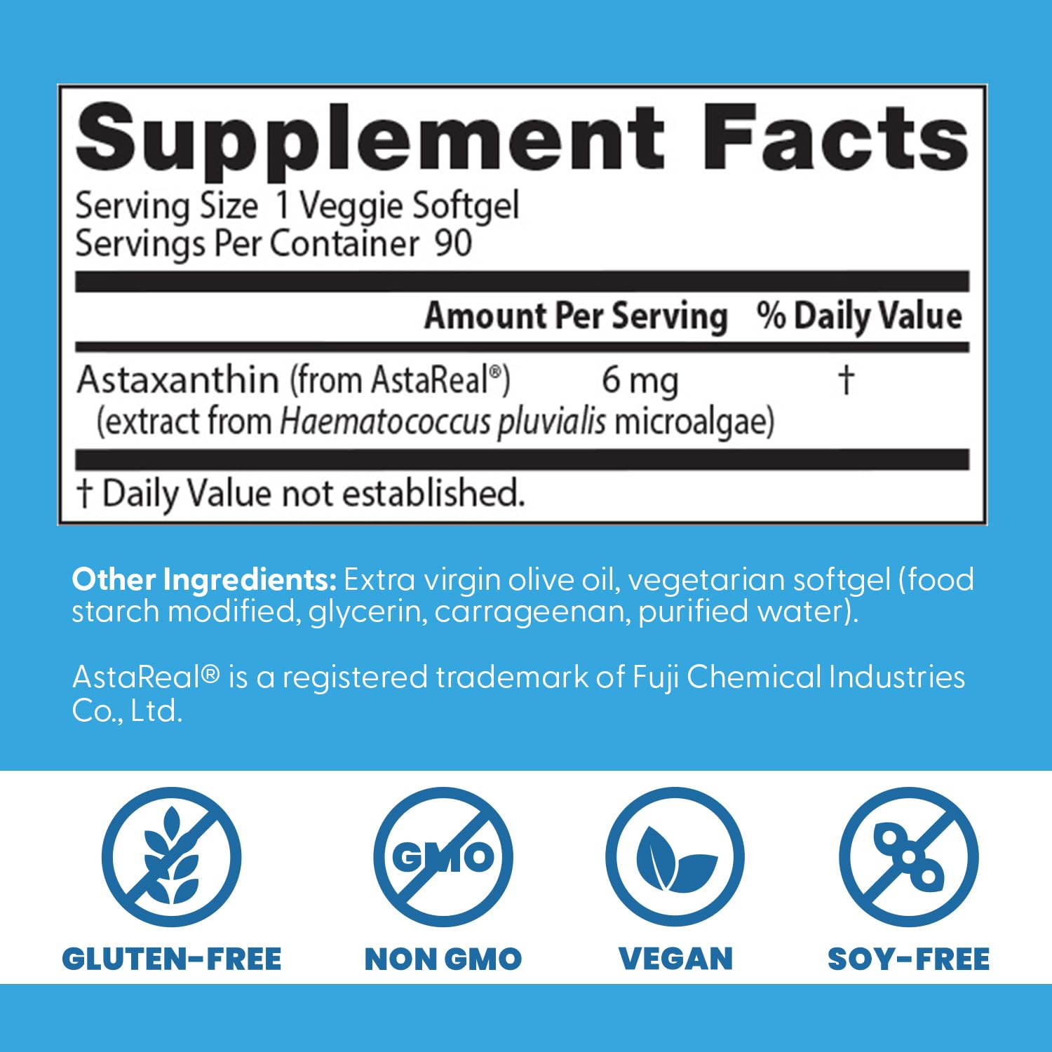 Doctor's BEST Astaxanthin: étiquette indiquant le dosage et le format végan