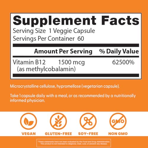 Doctor's Best B12 1500 mcg – capsules près d'un verre, énergie et soutien du système nerveux
