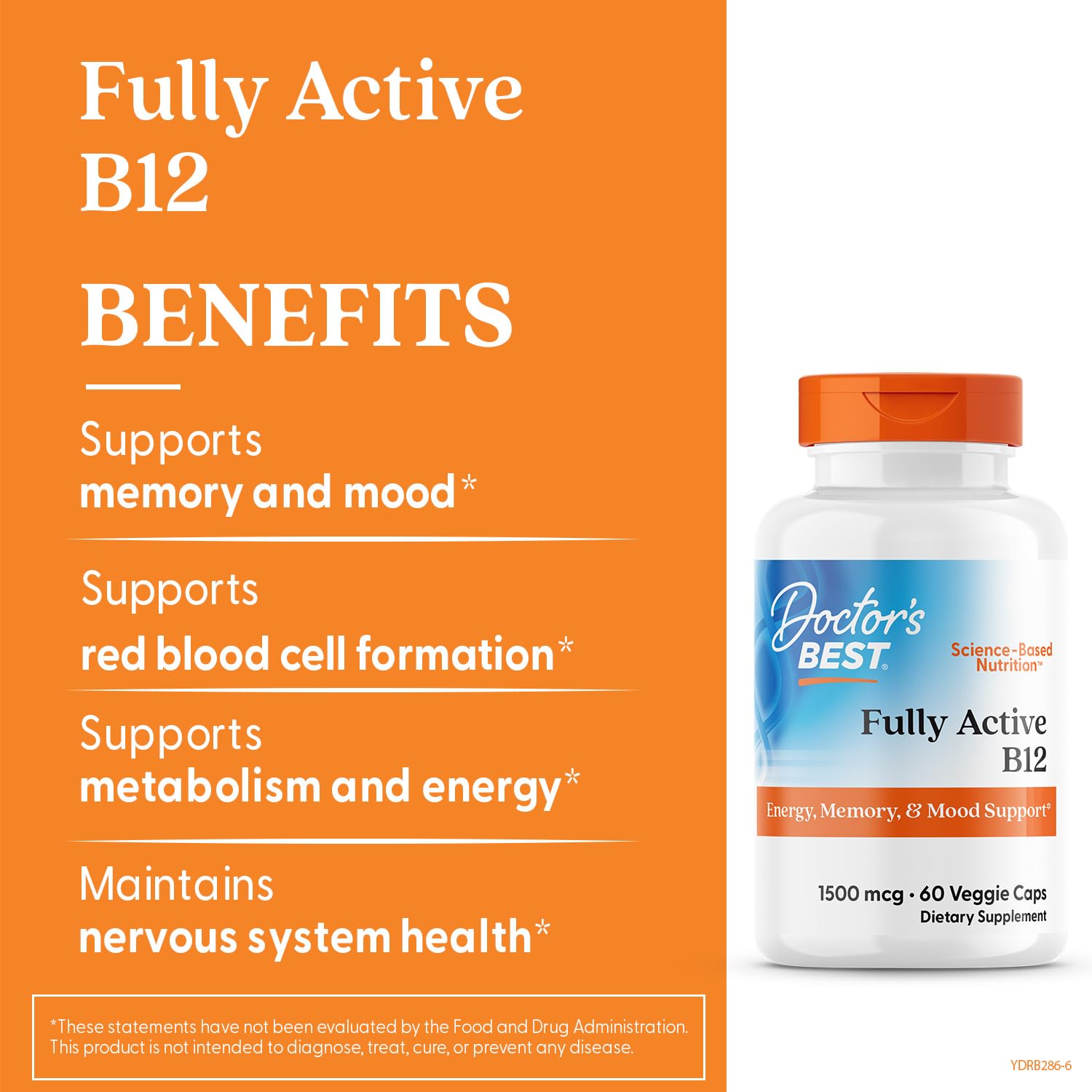 Doctor's Best B12 1500 mcg – gros plan sur l'étiquette, meilleure absorption grâce à la forme active