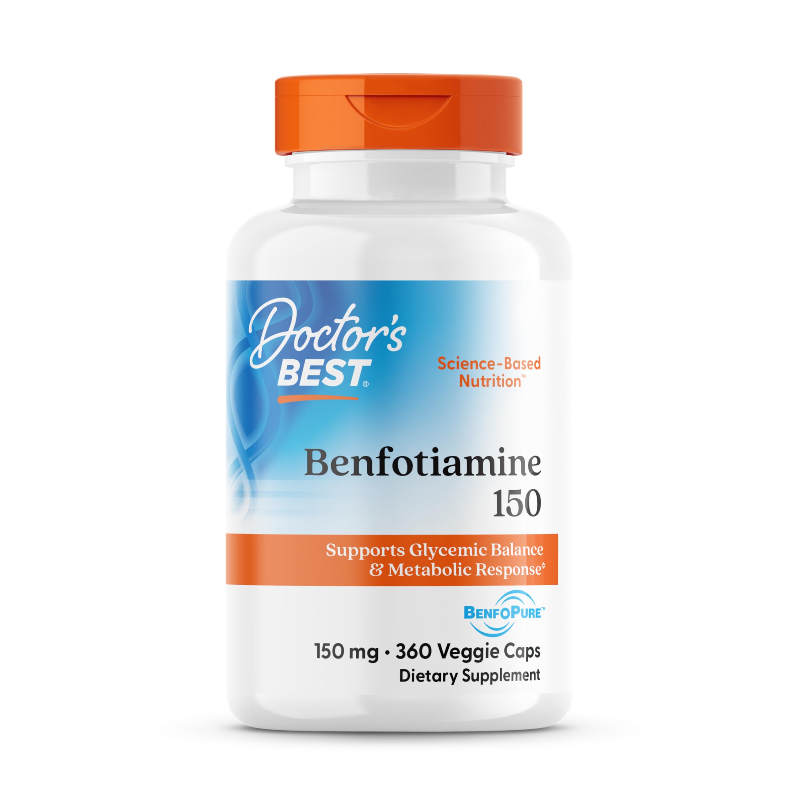 Doctor's Best Benfotiamine 150 mg dans le flacon, pratique à emporter pour une routine.