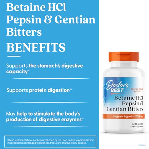 Étiquette claire Doctor's BEST Betaine HCl Pepsine Gentiane Amère — dosage et ingrédients