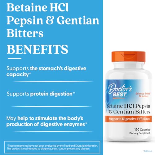 Doctor's Best Betaine HCl Pepsin Gentian Bitters - étiquette claire, aperçu des ingrédients clés